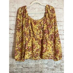 DR2 Babydoll Top Womens Large Mustard Yellow Artsy Boho Hippie Balloon‎ Sleeve